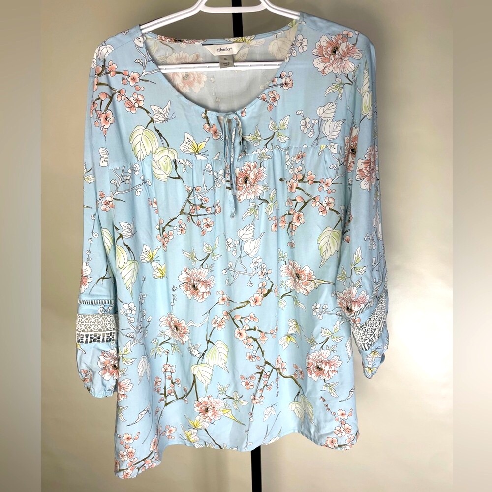 COPY - cj banks women’s light blue blouse top floral-butterfly print size1x lac…